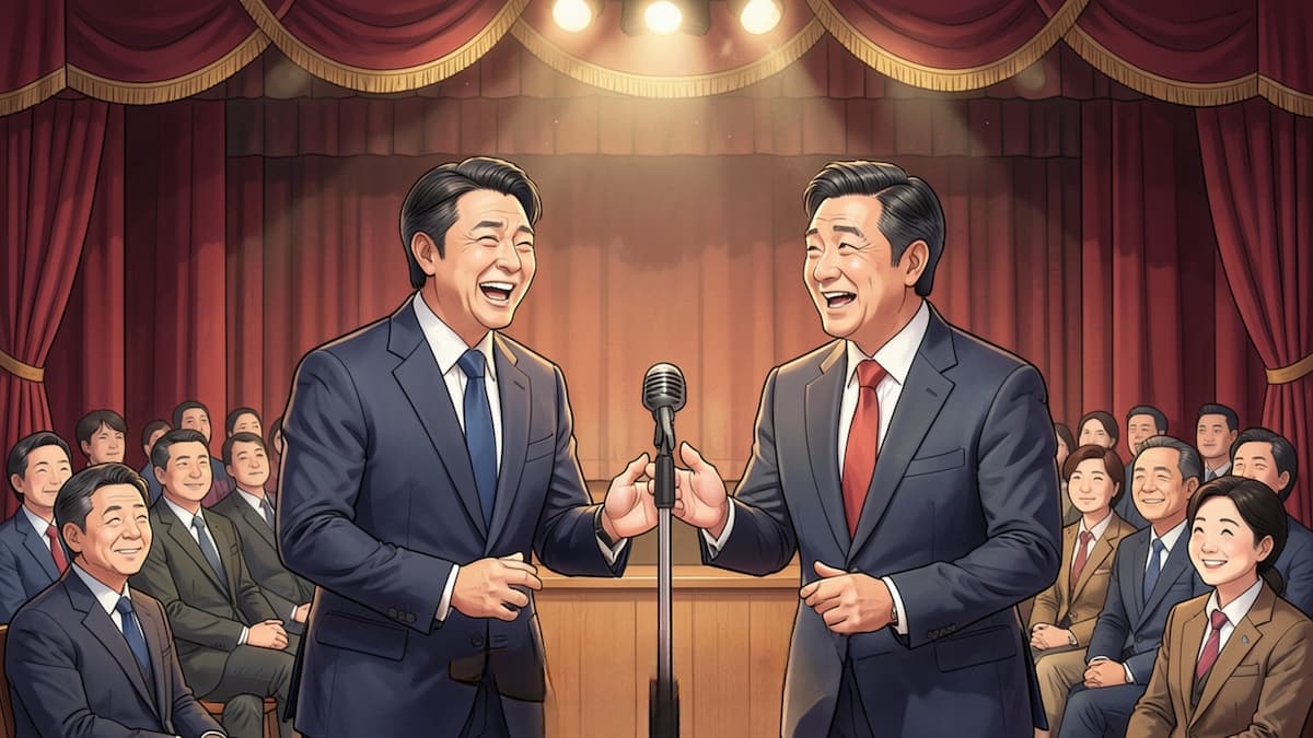 博多華丸・大吉の漫才構造「観察×論理の安定感」を表現した穏やかな寄席ステージイメージ