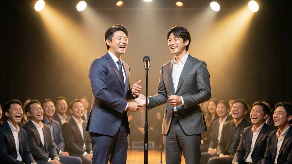 サンドウィッチマンがステージで漫才を披露している写真