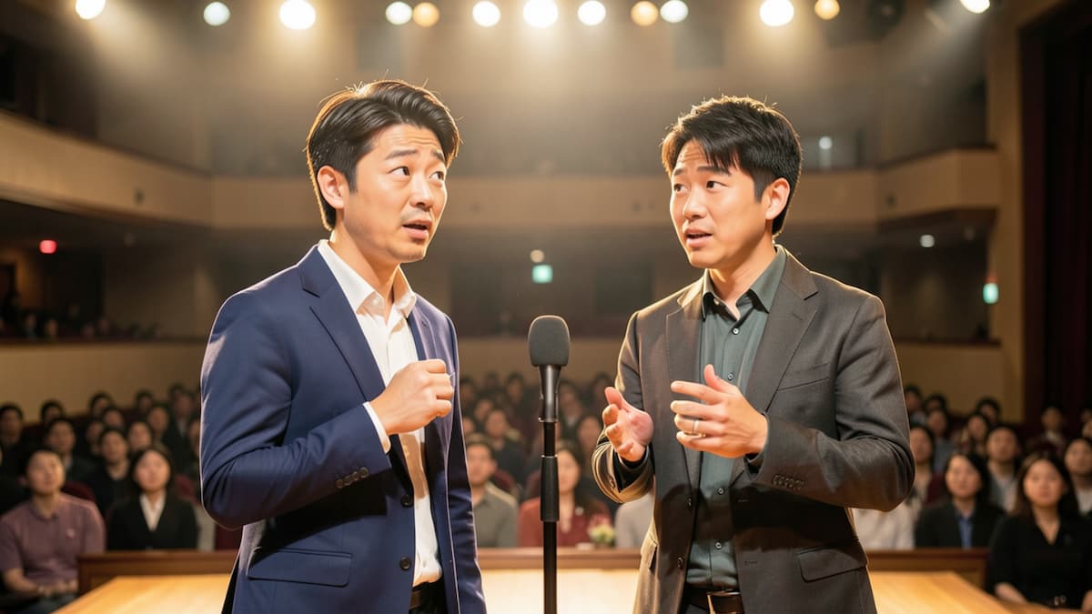 漫才の舞台で誤解するボケ役と説明するツッコミ役のやり取りを表現した男性コンビのイメージ