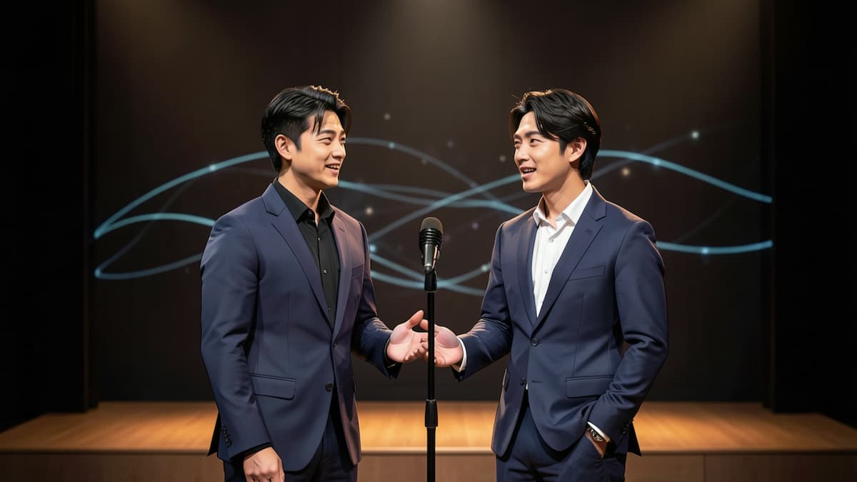 漫才の展開やストーリー構造の流れをイメージさせる舞台上の男性コンビのイメージ