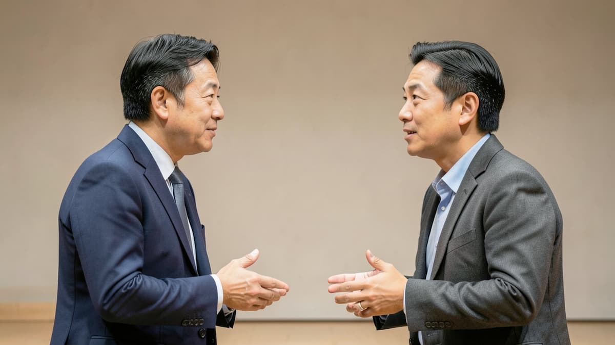 信頼関係のある漫才コンビが落ち着いて向き合い会話する様子のイメージ